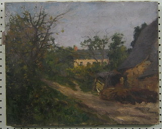 19th/20th Century French School, impressionist oil on canvas "Farm Buildings" 13" x 16" unframed