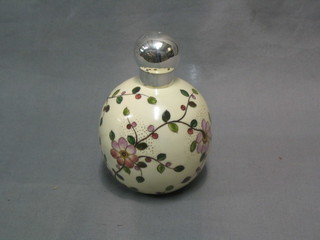 A Victorian Worcester style globular shaped porcelain scent bottle with floral decoration and silver lid (dent and marks rubbed) 6"