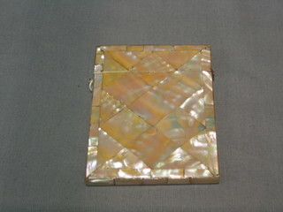A Victorian mother of pearl card case with hinged lid 3"