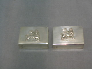 A pair of Ethiopian embossed silver match slips decorated lions, marked Sba.Sevadjian 830