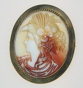 A shell carved cameo portrait brooch in the form of a classical lady with gilt metal mount