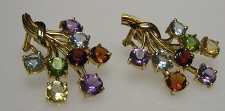 A pair of lady's gold floral spray ear clips set semi-precious stones