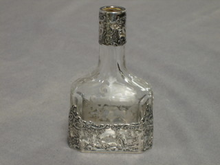 A Dutch etched glass scent bottle with silver plated mounts 4" (no stopper)