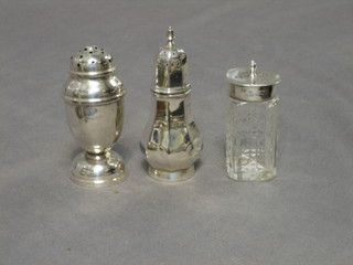 A silver pepperette 4", a baluster pepperette 3", a cut glass and silver mounted pepper 2 1/2"