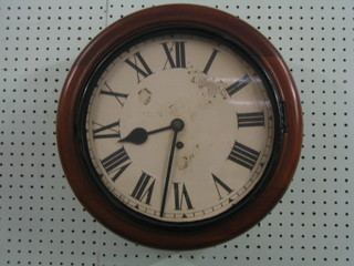 A fusee wall clock with 12" circular paper dial with Roman numerals above original painted dial, contained in a mahogany case