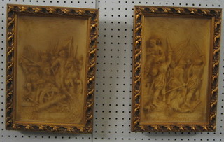 A pair of 19th/20th Century plaster relief plaques "The Battle of Ravenna" 11" x 7" contained in decorative gilt frames