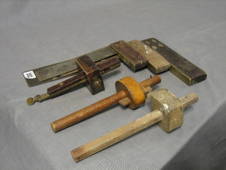 3 old carpenters mahogany and brass banded squares and 5 mortice gauges