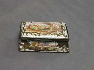 An 18th/19th Century rectangular enamelled trinket box with hinged lid decorated a landscape (f and cracks) 3"