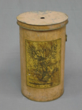 A circular painted metal hat box 21"