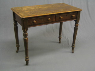 A Victorian mahogany side table, fitted 2 frieze drawers and raised on turned supports 36" (with 32" crack to top)