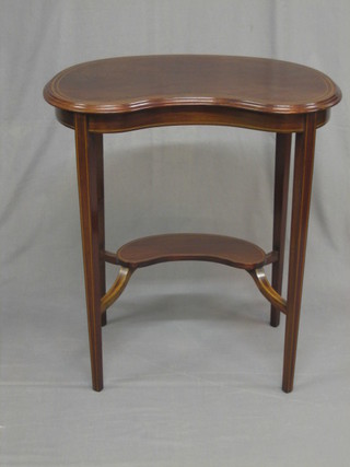 An Edwardian inlaid kidney shaped occasional table with undertier, raised on square tapering supports 50"