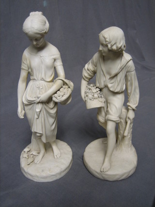 A pair of 19th Century Copeland Parian figures of standing woodsman with axe and hat containing fruit and birds, and girl with basket of fruit feeding birds, raised on circular bases (girl f and r) 16"