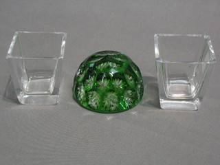 2 square waisted glass vases 2" and  a circular Royal Doulton green faceted glass paperweight