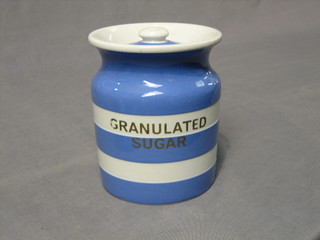A T G Green blue and white striped storage kitchen jar marked Granulated Sugar, the base with green T G Green shield mark 6"
