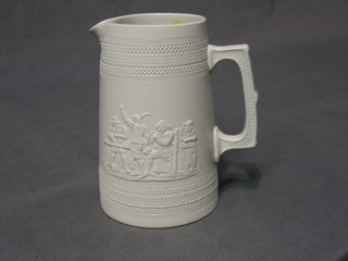 A white glazed Copeland jug decorated a feasting scene 7"