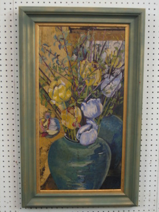A pair of 20th Century oil paintings on board "Vase of Tulips" 23" x 11"