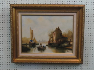 20th Century Continental oil painting on canvas "River with Fishing Boat" 12" x 15"