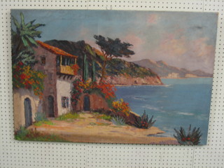 Camprio, impressionist oil painting on canvas "Mediterranean  Seascape with Villa" 24" x 36", unframed