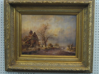 E Bond, 20th Century "Russian School" oil painting on board "Wintery Scene with Figures Skating" 12" x 15" contained in a decorative gilt frame