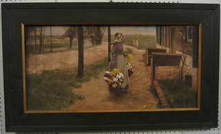 A coloured print "Standing Dutch Girl with Yoke of Flowers" 13" x 28" contained in a green and gilt frame (some damage to top of print)