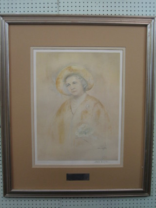 After Sara Leighton, a coloured print "Her Majesty Queen Elizabeth The Queen Mother" signed in the margin and the mount with plaque reading The Curzon Club has pleasure in congratulating Queen Elizabeth the Queen Mother on attaining her 80th year and hopes that this house, where she once lived, holds happy memories for her, 22" x 16"