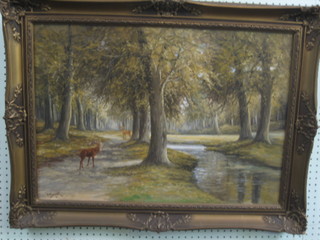 Bronk,  20th Century oil on canvas "Wooded Glade" with stag and deer 19" x 27"