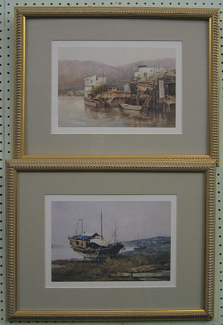A pair of coloured prints "Eastern Scenes with Fishing Boats" 8" x 10 1/2"