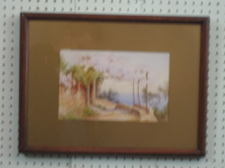 J  Gunday, "Mediterranean Scene with Terrace and Wisteria" 6" x 10"