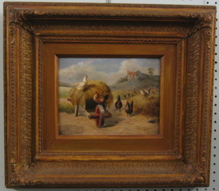 J Bale, 19th Century oil painting on canvas, "Wheel Barrow with Hay and Chickens and Buildings in Distance" 7" x 8 1/2"