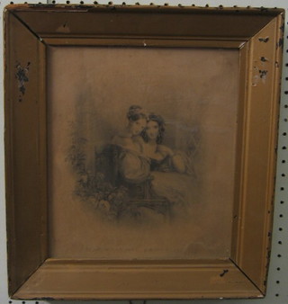 19th Century monochrome print "Two Seated Young Ladies - Queen Victoria and Companion?" 11" x 10"