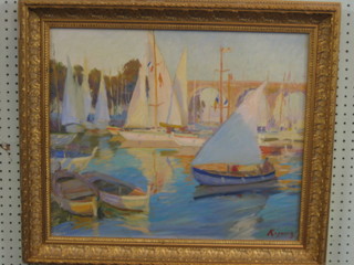 Mikail Koperel, Russian School, impressionist oil painting on board "Harbour with Yachts, Viaduct in Distance" 18" x 21"