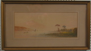 E Lewis, watercolour "Mountain Bay with Figures and Boats" 7"  x 17"