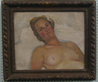 J Lavey?, oil on board, head and shoulders portrait "Nude Reclining Lady" 14" x 17"