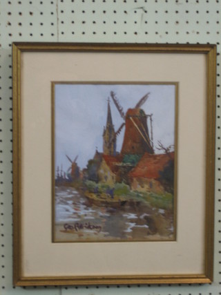 Geo. Patrickdon, impressionist watercolour "Canal with Church and Windmills" 11" x 9"