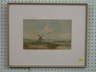 Irish School watercolour drawing "Windmill with Shepherd and Sheep" 6 1/2" x 11"