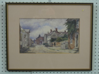 Follower of D Cox, watercolour "Reigate High Street with Town Hall" bears signature to bottom left hand corner, monogrammed  and dated 1829, 7" x 12"