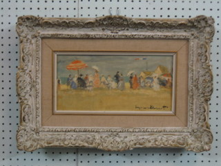 S  Demarest,  impressionist oil painting on canvas "French Beach Scene with Figures on a Sandy Beach" the reverse with Omell Gallery label, 22 Bury Street, St James's, London,  6" x 12" 