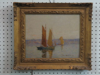 Tom Robertson, oil painting on board  "Sailing Ship - Off The Bay of Bisque" 8" x 10" signed