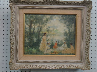 S Demarest, impressionist oil painting on canvas "Park Scene with Figures" 8" x 10" signed with Omell Gallery label,