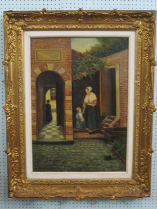 Carfoe, 19th Century Dutch School, oil on canvas "Figures in Courtyard" 27" x 18"