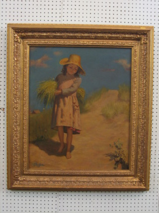 J Hyttie, 20th Century oil on canvas "Standing Bonnetted Girl" 23" x 19"