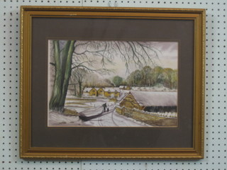 J E Neale, modern watercolour "Figures Walking with Snowy Landscape" 11" x 14"