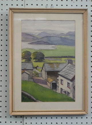 Watercolour "Irish Scene with Cottage and Mountains in Distance" 12" x 8" indistinctly signed and dated 63 