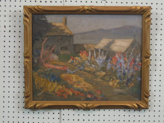 1930's impressionist oil painting on board "Cottage Garden" 13" x 16",  monogrammed LMM