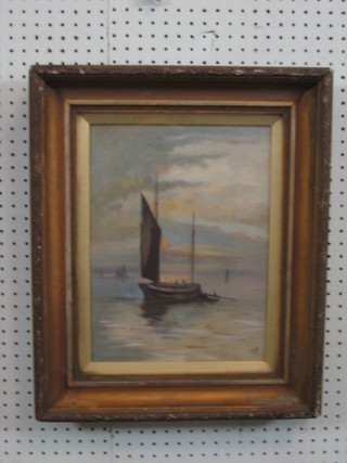 Oil painting on canvas "Fishing Boat at Dusk" monogrammed BHW 14" x 10"