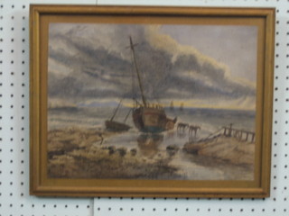 19th Century watercolour "Beached Boat at Dusk" 10" x 14"