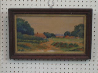 L Morris, watercolour "Country Landscape with Thatched Cottages" signed and dated 1912 6" x 12"