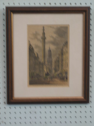 19th Century coloured print "The Monument and Church of St Magnus" 9" x 6"