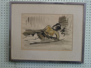 An Art Deco modern art drawing "Reclining Lady" indistinctly signed and dated  1935 10" x 14"