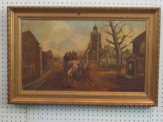 19th Century style oil painting on canvas "Coach Scene with Figures" 11" x 20"